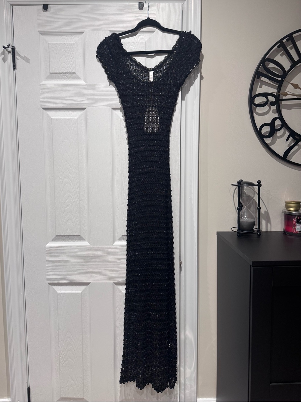Long Black Stretch Crochet Knit Maxi Dress with gold flecks